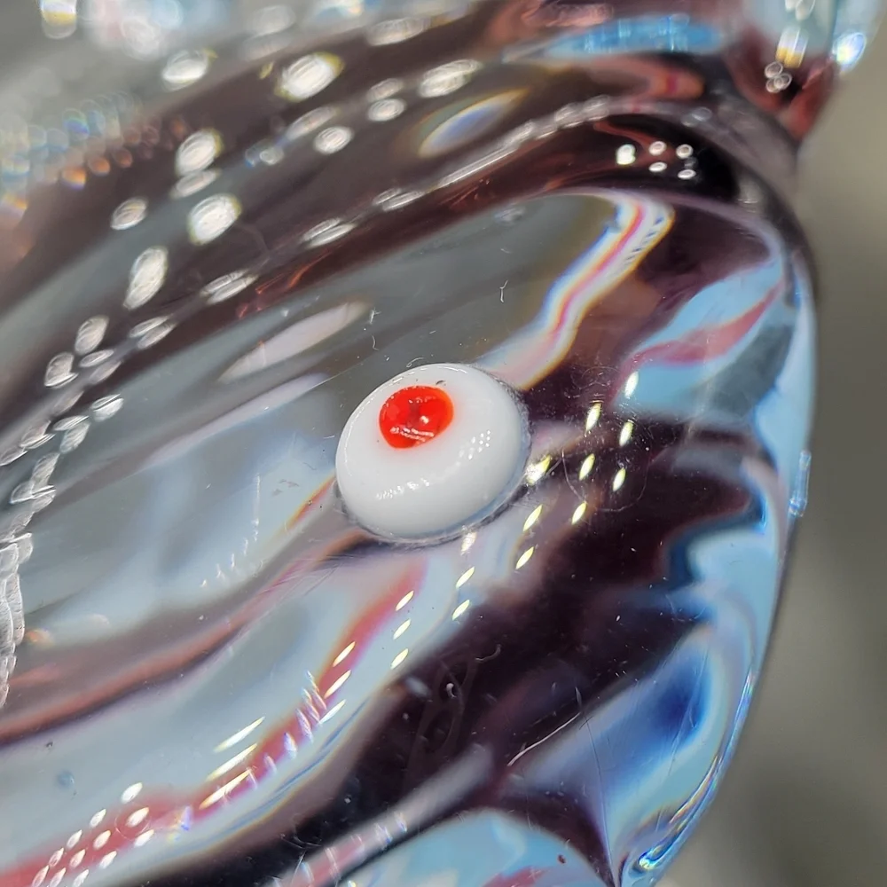 Murano-Style Art Glass Clear Blue Fish Paperweight Red-Eyed Accent